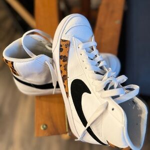 Nike White and Black High-Top Sneakers with Leopard Accents
